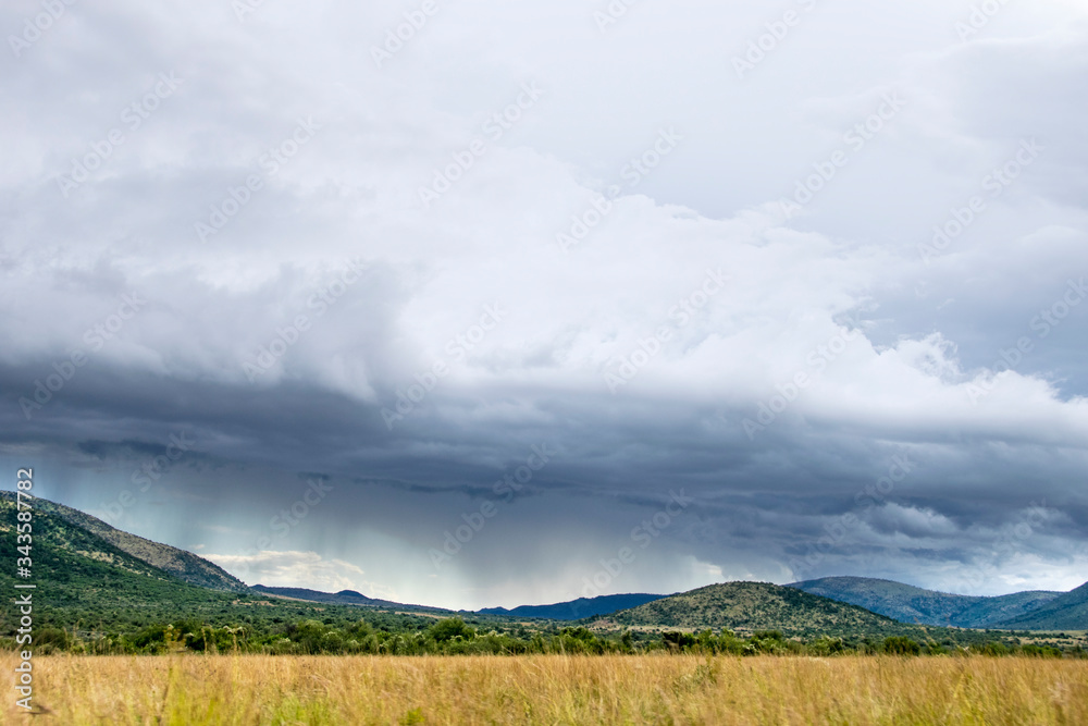 Cloudy skies over lush landscape, Pilanesberg National Park, South Africa