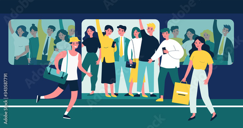 People hurrying into overcrowded train flat vector illustration. Cartoon characters squeezing in metro. Public transport, overpopulation and travelling concept.