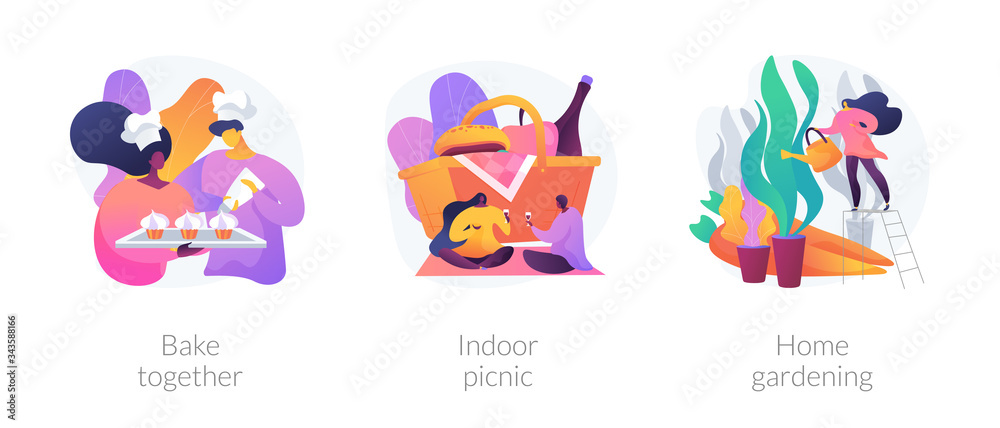 Family fun during quarantine abstract concept vector illustration set. Bake together, indoor picnic, home gardening, baking with children, eco gardening, indoor activities ideas abstract metaphor.