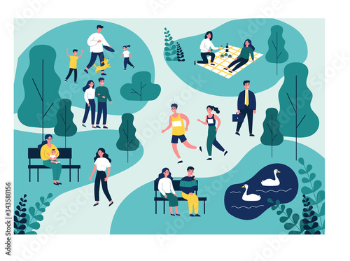 People walking in park, jogging and eating at picnic flat vector illustration. Family playing with dog. Couple sitting at bench near pond and looking at swans. Summer and leisure concept