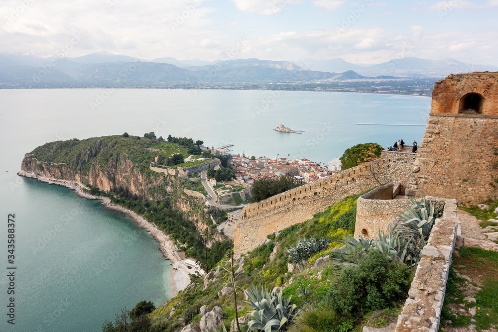Landscape of Acronauplia and Bourtzi Castle in the sea from Fortress of Palamidi, Naflplio, Greece