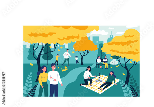 Happy people spending leisure time in pink cherry tree park. Families, friends and couples walking at adorable blooming sakura trees. Vector illustration for blossom season, Japanese festival concept