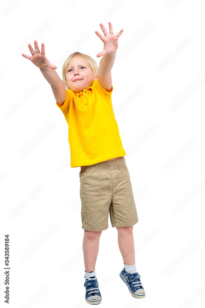 Boy stretched his arms up desperately making reaching Boy stretched his arms up desperately making reaching