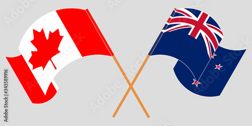 Crossed and waving flags of New Zealand and Canada