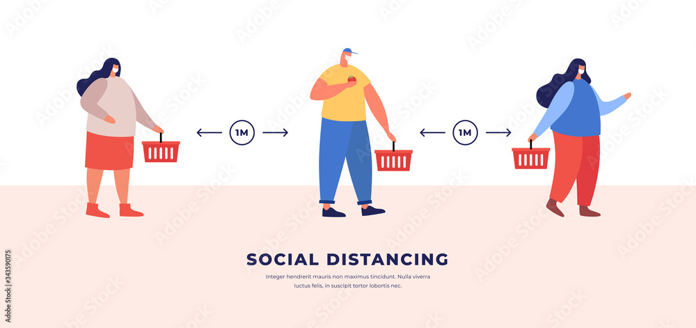 People in protective masks keep their distance in a queue. Social distance of 1 meter and prevention of infection during the epidemic. Distance control for safety against viral infections.