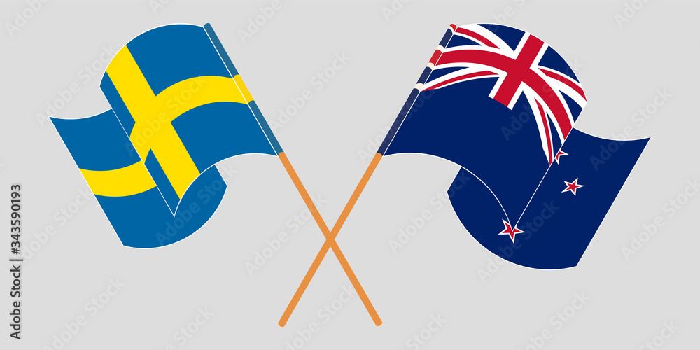 Crossed and waving flags of New Zealand and Sweden