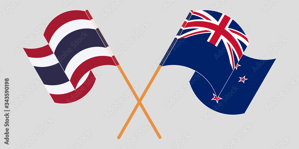 Crossed and waving flags of New Zealand and Thailand Crossed and waving flags of New Zealand and Thailand