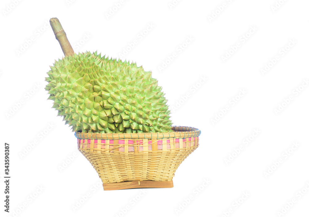 Durian in basket isoland on white background. Durian is king of fruits. Durian in basket isoland on white background. Durian is king of fruits.