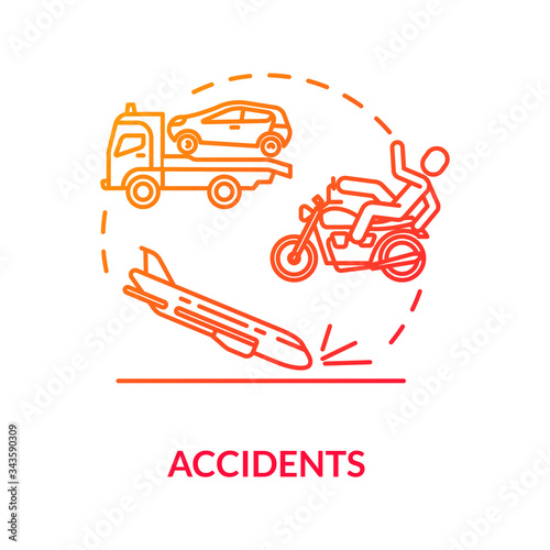 Accidents, catastrophes concept icon. Aircraft crash, traffic traumatism, fatal incidents factor, car crash idea thin line illustration. Vector isolated outline RGB color drawing.