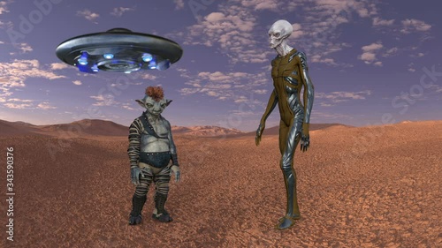 Two aliens talking against the background of ufo,animation