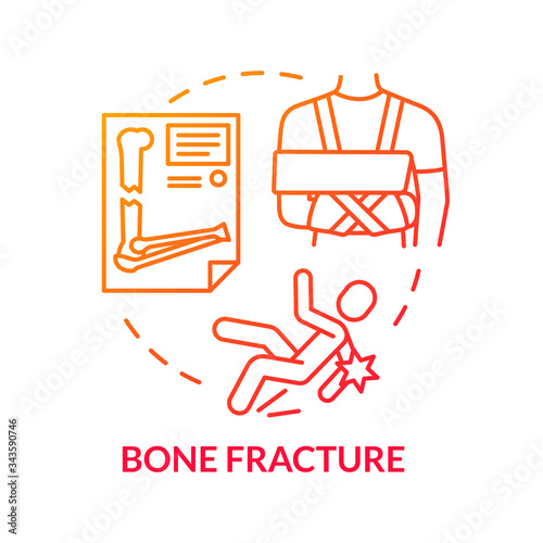 Bone fragility and fracture concept icon. Traumatism, skeleton injury, calcium lack, traumatic accident idea thin line illustration. Vector isolated outline RGB color drawing.