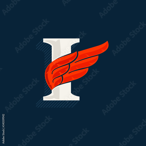 Letter I logo with red wing. Classic serif font with shadow made of lines.