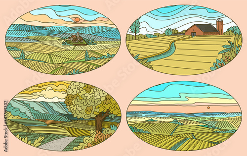 Rural landscapes stickers set. Farm field and cabin. Agriculture and Vineyard. Green hills, meadows and mountains background for banner or web. Vector illustration. Hand draw engrave vintage sketch. 