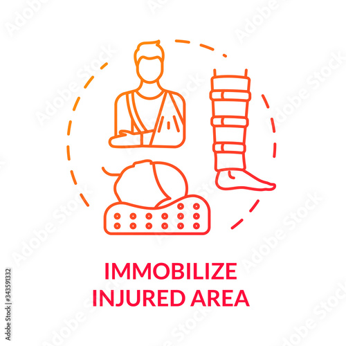 Body immobilization concept icon. Injury first aid, spinal trauma treatment, limb traumatism, bone fracture therapy thin line illustration. Vector isolated outline RGB color drawing.