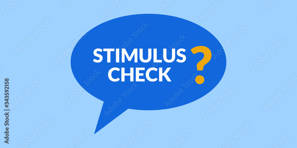 words stimulus check with question mark in thought cloud against light blue background words stimulus check with question mark in thought cloud against light blue background