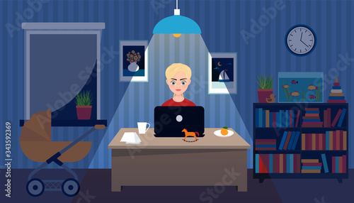 workplace at home at night. vector illustration. remote work.