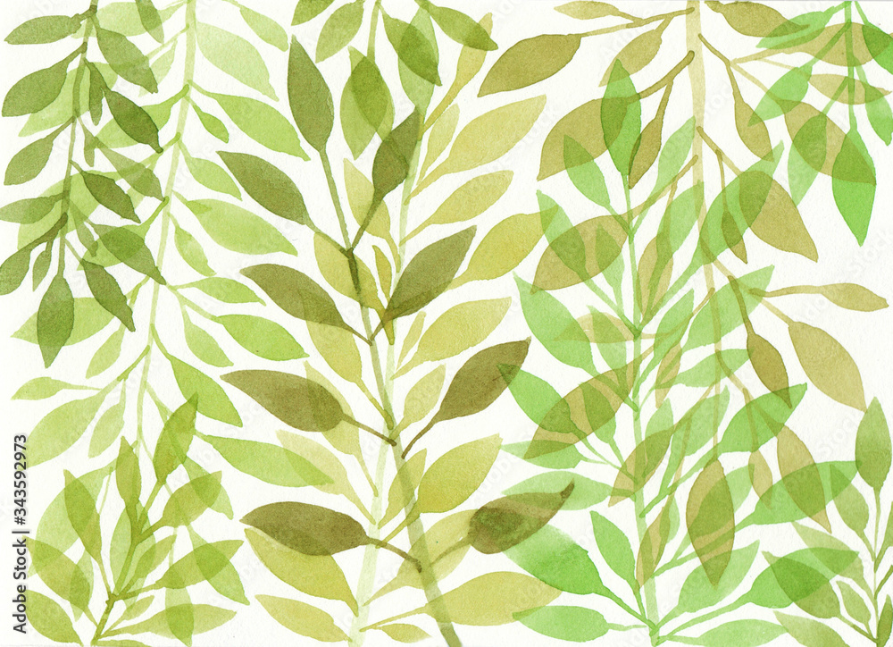 Decorative pattern watercolor green leaves and branch. Botanical print for design cards, invitations, wallpaper, wrapping paper. Hand drawn illustration on a white background.