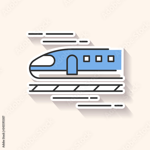 Train patch. High speed shinkansen. Japanese bullet train for trip. Rapid transit. Railway for traveling. Tourism transportation. RGB color printable sticker. Vector isolated illustration.