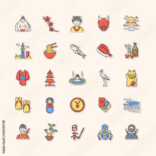 Japan printable patches. Koi carp. Ramen and sushi. Sake drink. Ninja and samurai. Asian souvenirs. Traditional japanese symbols RGB color stickers, pins and badges set. Vector isolated illustrations.