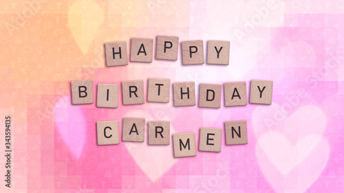 Canvas Print Happy Birthday Carmen card with wooden tiles text