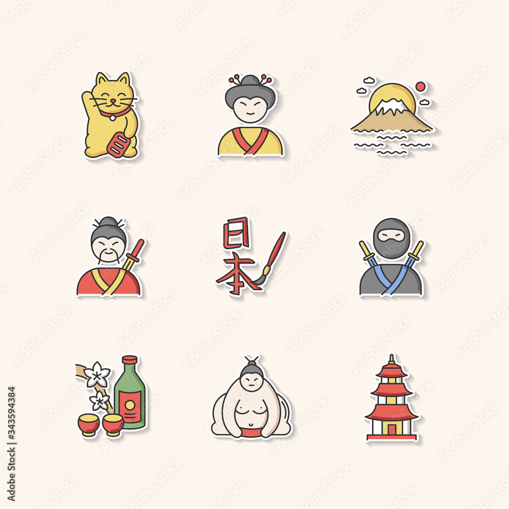 Fototapeta premium Japan printable patches. Maneki neko. Geisha woman. Mount Fuji. Samurai and ninja. Asian calligraphy. Japanese attributes RGB color stickers, pins and badges set. Vector isolated illustrations.