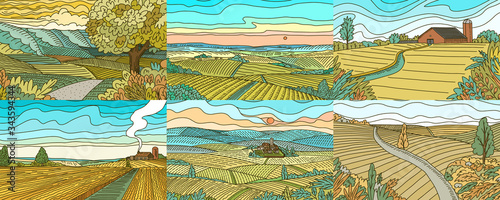 Rural Mountain landscapes. Farm fields set. Agriculture and Vineyard. Green hill and meadow, country background for banner or web. Vector illustration. Panorama view. Hand draw engrave vintage sketch