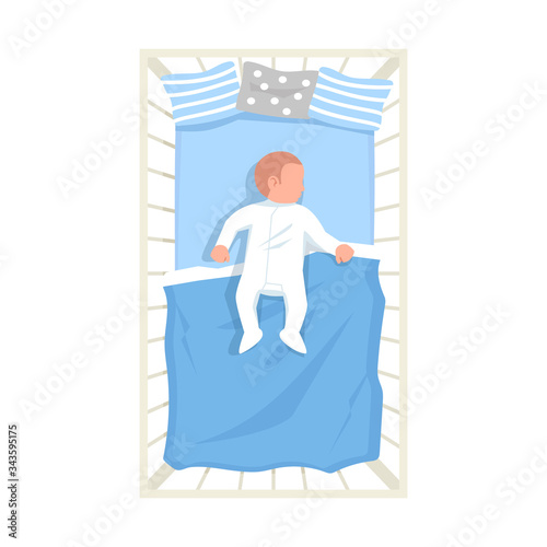 Baby in bed semi flat RGB color vector illustration