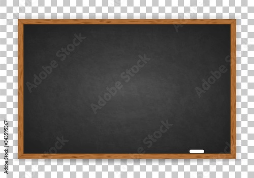 Rubbed out dirty chalkboard. Realistic black chalkboard with wooden frame isolated on transparent background. Empty school chalkboard for classroom or restaurant menu. Template blackboard for design