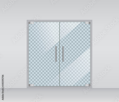 Glass door mockup for office on isolated background. Vector entrance front door for showcase shop. Glossy window with reflection for facade building. Double empty windows for storefront store.