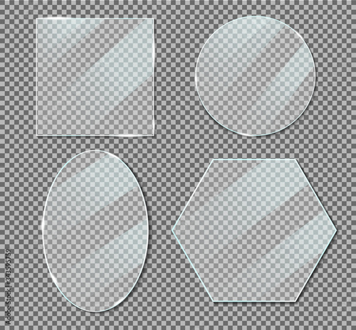 Vector acrylic glass plate mockup. Realistic rectangle, glossy window with reflection. Plastic screen with glare on transparent backround. Clear rectangle frame for wall on showcase. Isolated board.
