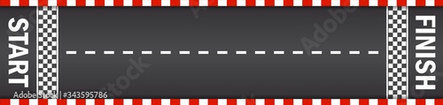 Line racing track with start and finish in top view. Asphalt for drive in auto. Tarmac roadway with red grid texture border for sport competition. Automobile road for car. Traffic rally. vector.