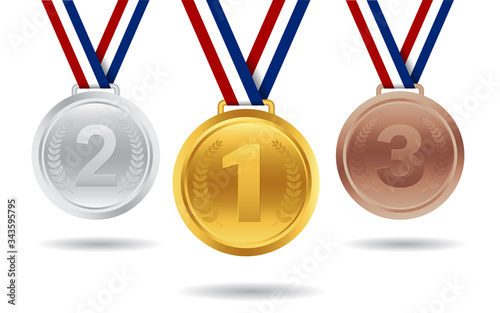 Set of gold, silver, bronze medal for award ceremony. Sport prize for first place winner. 3d champion trophy icon with ribbon on white background. 3 element of reward for victory championship. vector.