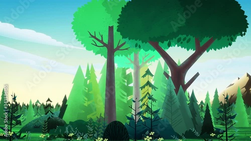 A cluster of conifers in a beautiful mountain meadow during a bright sunny day. Wiggle of trees in the wind. Slow camera movement over composition. Background. Seamless loop.