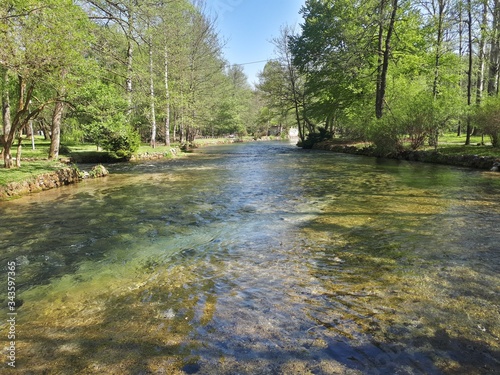 River in the colorful forest and wooden bridge