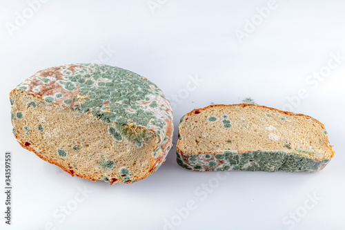 Moldy rotten bread on white background. Inappropriate attitude toward food, modern life, consumerism concept. Wasting food conceptual photo. Covered with mildew. Selective focus on bread. photo