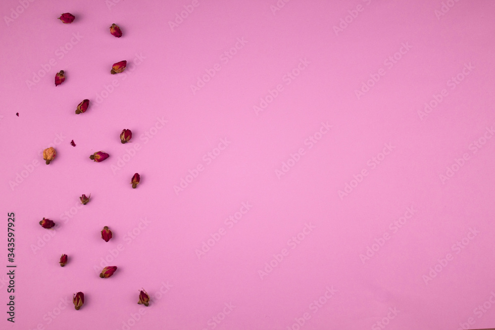A simple pink background with dehydrated rosebuds