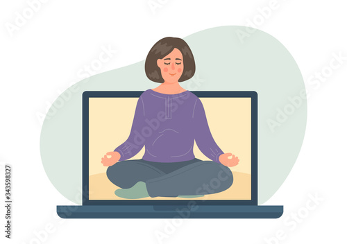 Online meditation class. Woman meditates on laptop screen. Distance yoga, relax, mindfulness, breathing training.