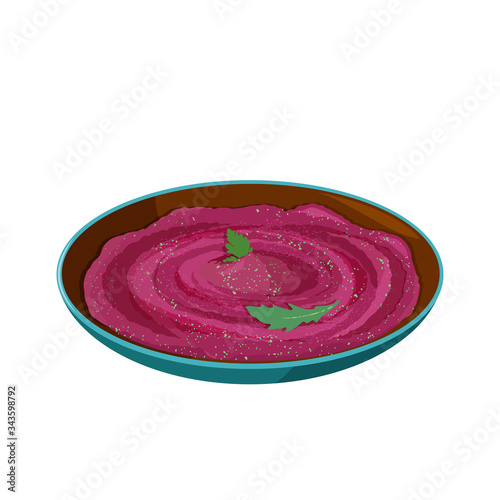 Vegan and vegetarian food Beet Hummus in ceramic bowl. Realistic vector illustration.