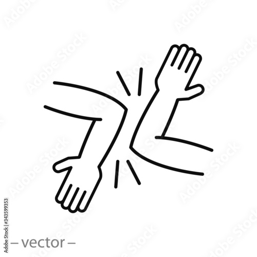 elbow greeting icon, friends elbows hit, safe greetings, social distancing, thin line web symbol on white background - editable stroke vector illustration eps10