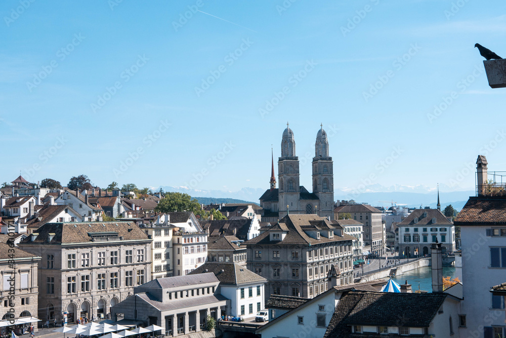 Cityscape of zurich as seen from the Lindenhof hill, a popular lookout among tourist and locals