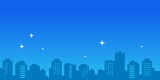 Vector illustration of city landscape with building silhouette on night blue color background with star.