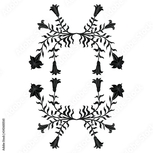 Isolated vector illustration. Floral oval frame with branches of lily or datura flowers. Black and white silhouette.