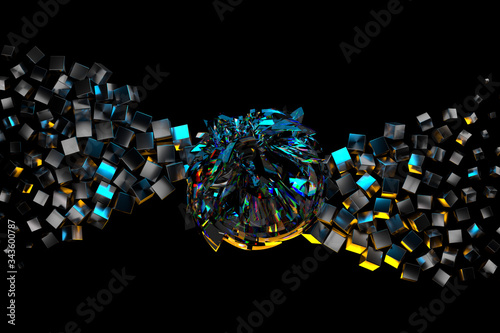 abstract composition with flying metal boxes and polygonal spheres, in the shape of a wave on a black background. 3d illustration