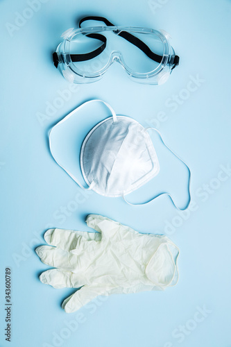 Goggles,  n95 respirator and gloves. Coronavirus protective equipment.