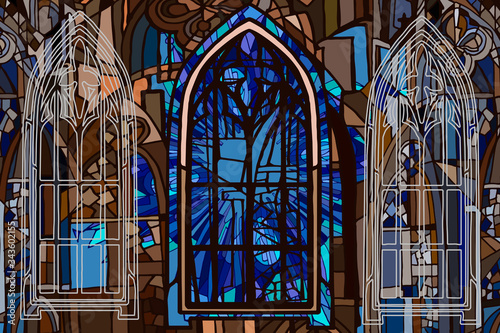 Vector pattern featuring abstract fantasy colorful night Gothic city. Stained glass texture. Hand drawn.
