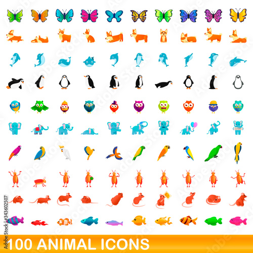 100 animal icons set. Cartoon illustration of 100 animal icons vector set isolated on white background