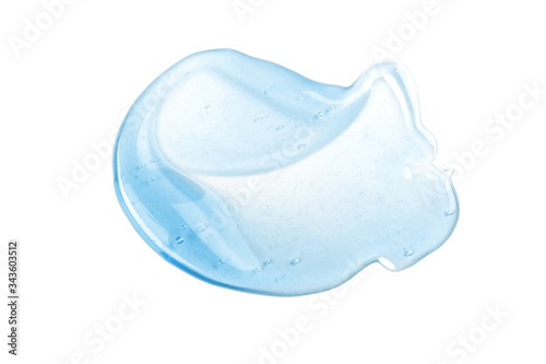 Beautiful blue transparent gel smear of hyaluronic acid on a white background isolated. Face serum is smudged. Products for makeup and skin care. Organic cosmetics. Cosmetology.