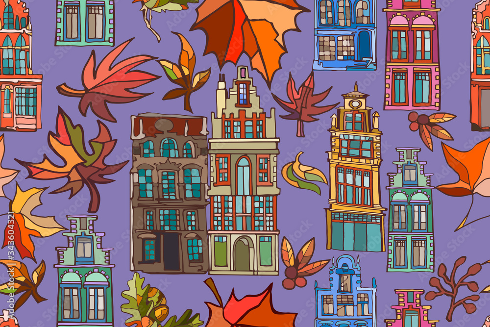 Φωτογραφία Abstract illustration  featuring fantasy Dutch houses and fall foliage, in red, orange  and brown colors