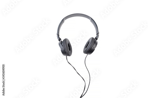 Black wired headphones on a white background.