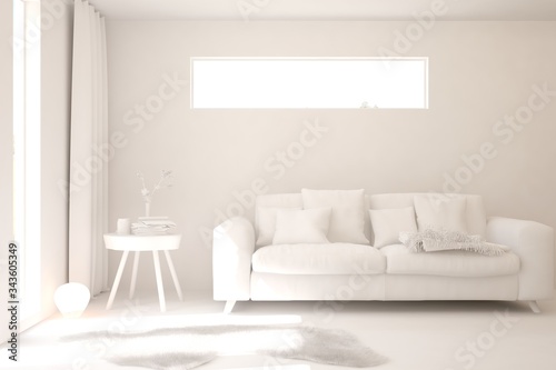 Wallpaper Mural White minimalist living room with sofa. Scandinavian interior design. 3D illustration Torontodigital.ca